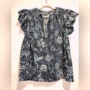 Ulla Johnson Nazy and White Ruffled Cap Sleeve Blouse